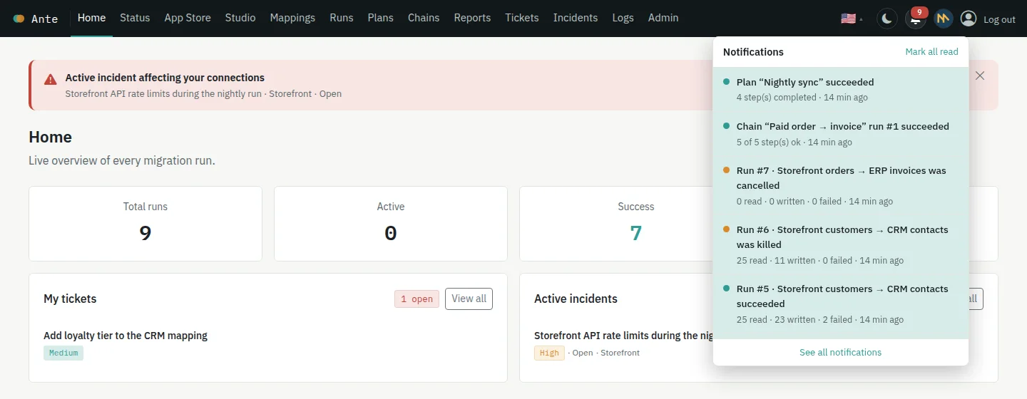 The notification bell open, listing succeeded, cancelled and killed runs
