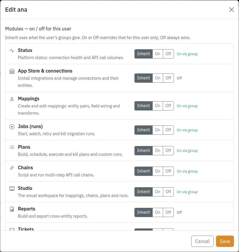 Editing a user: every module can inherit from groups or be switched on or off