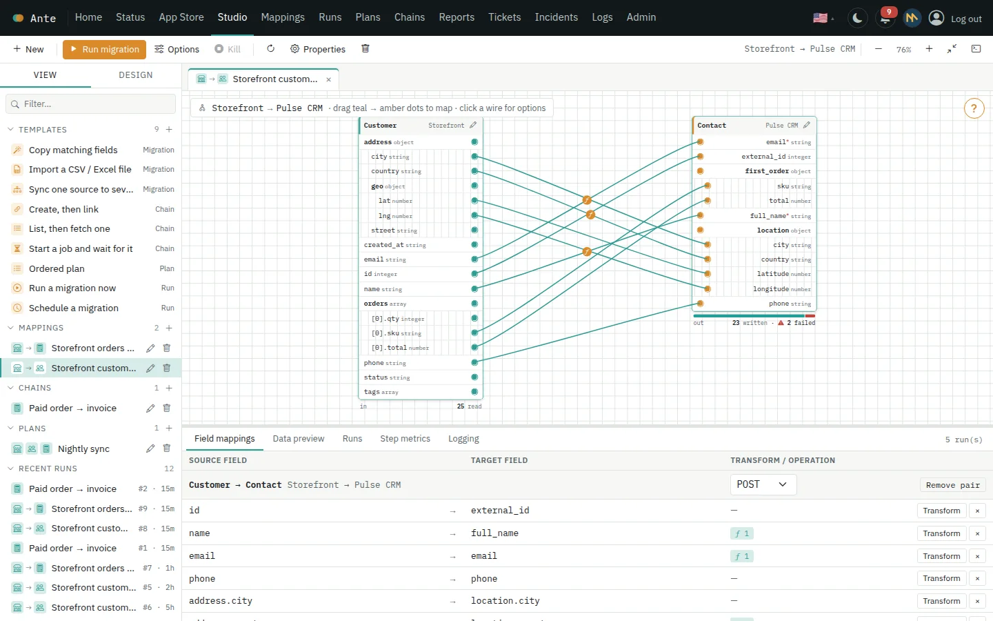 The Ante Studio: a customer object mapped field by field onto a CRM contact