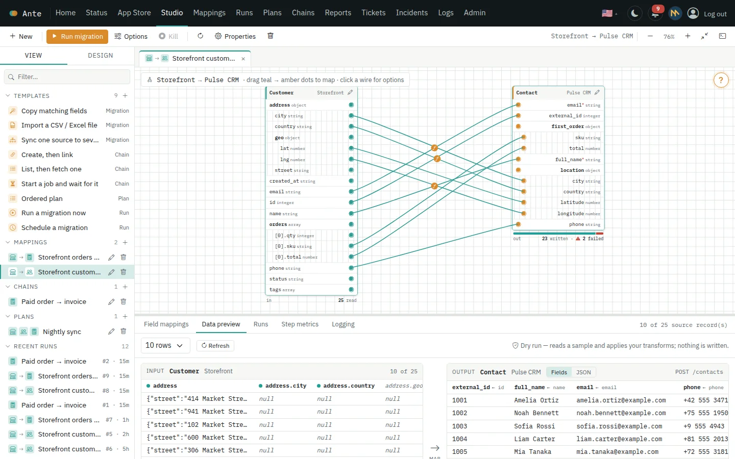 Data preview showing source rows next to the payloads that would be written