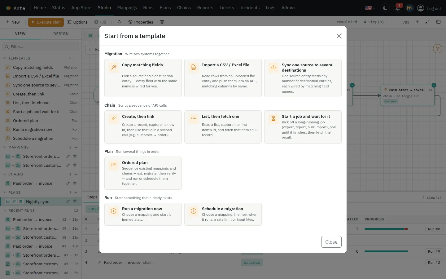 The template gallery grouped into migrations, chains, plans and runs